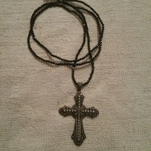 Black Cross on Black Beaded Necklace